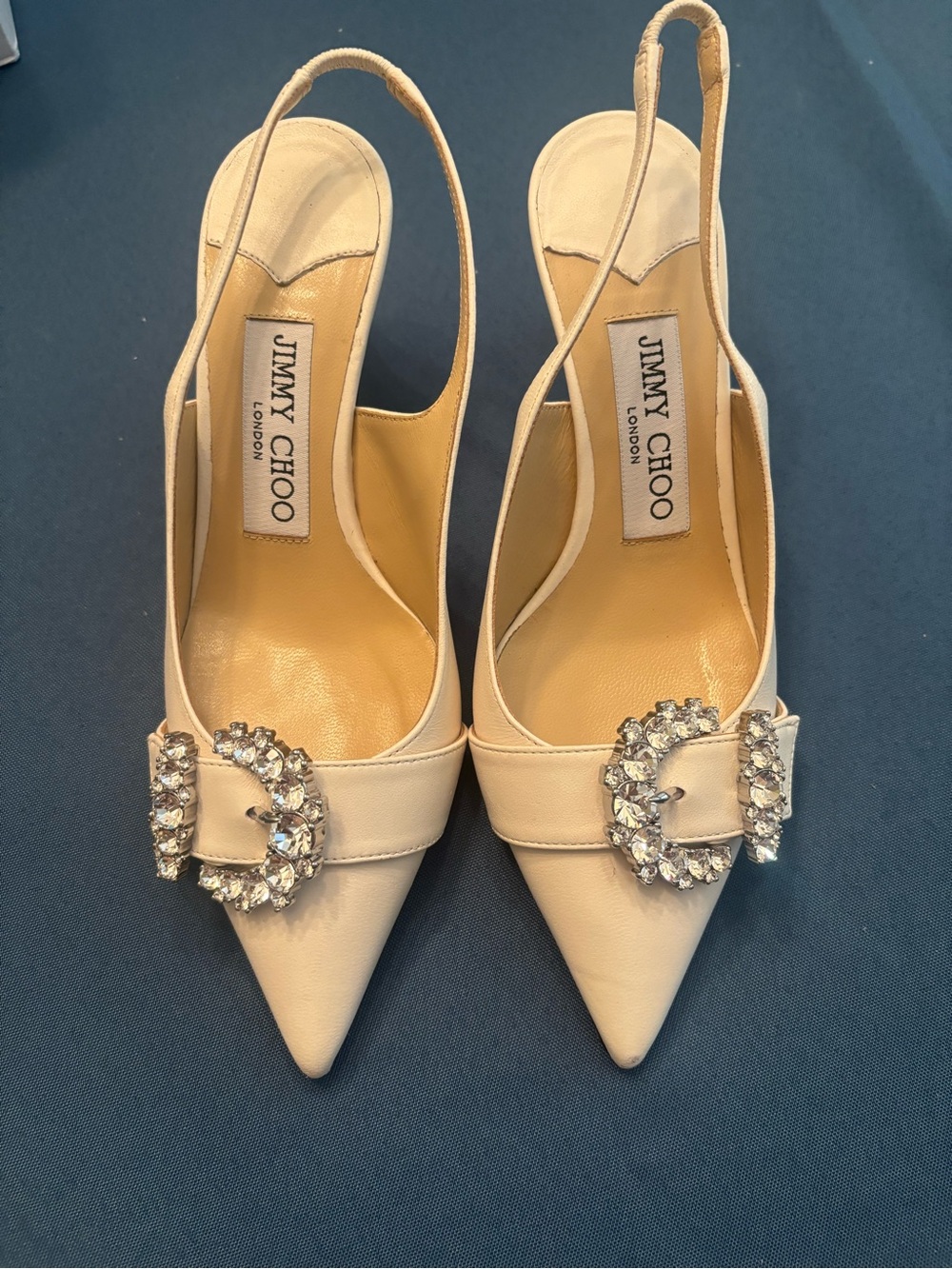 Jimmy Choo Cream Pointed-Toe Slingback Pumps with Crystal Buckle